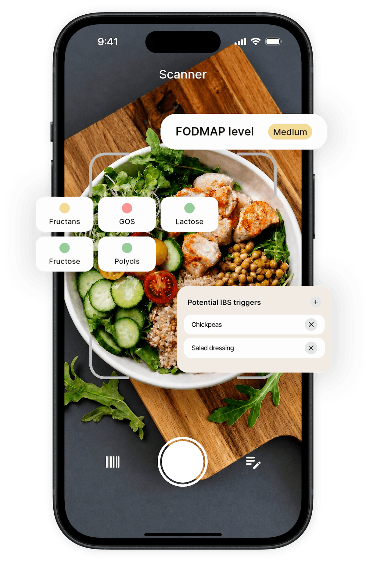 GentleGut scanner showing a medium FODMAP result and potential IBS triggers
